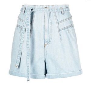 Pinko Light Blue High Waist Paperbag Denim Shorts with Belt